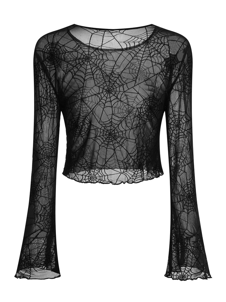 Black 1970s Sheer Spider Web Bishop Sleeve Top - vintage fashion, retro style, classic black