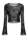 Black 1970s Sheer Spider Web Bishop Sleeve Top - vintage fashion, retro style, classic black