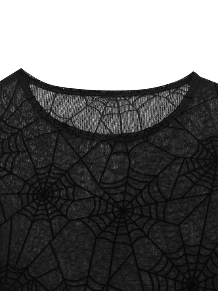 Black 1970s Sheer Spider Web Bishop Sleeve Top - vintage fashion, retro style, classic black