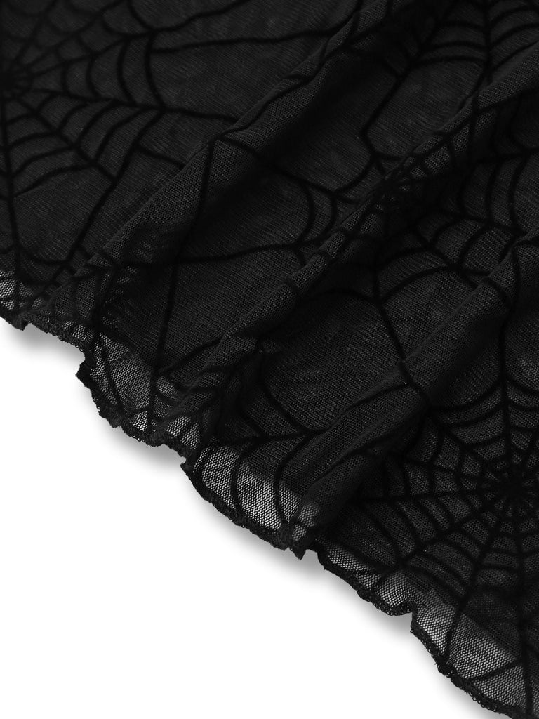 Black 1970s Sheer Spider Web Bishop Sleeve Top - vintage fashion, retro style, classic black