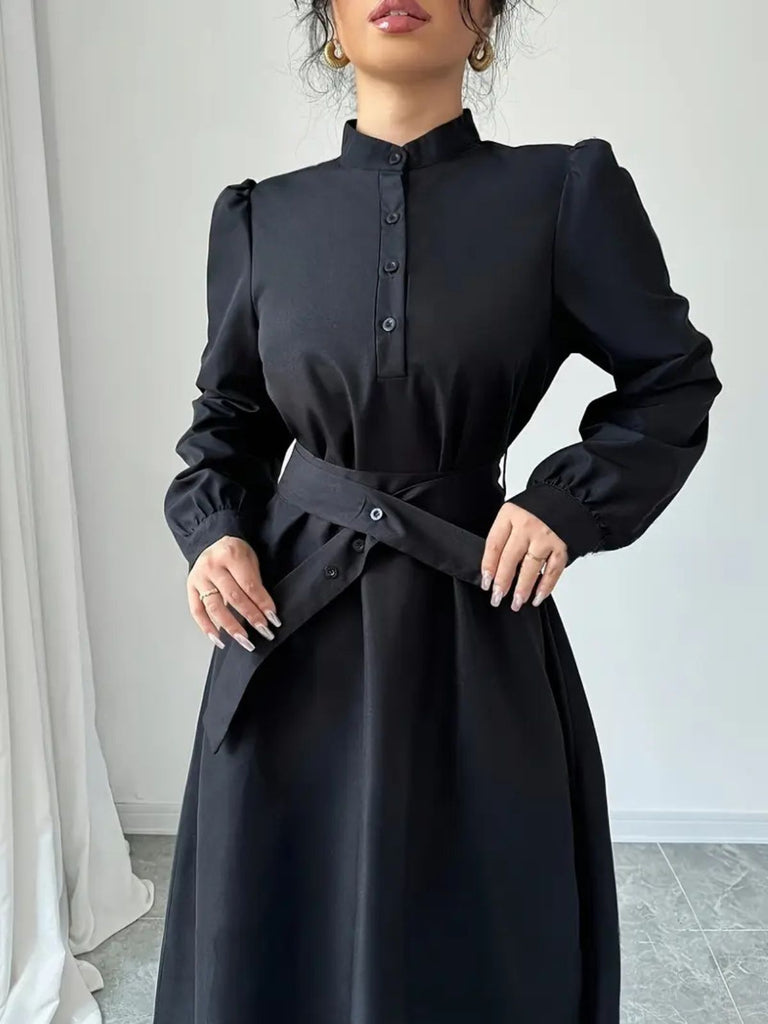Black 1970s Solid Button Belted Dress - vintage dress, retro fashion, classic black