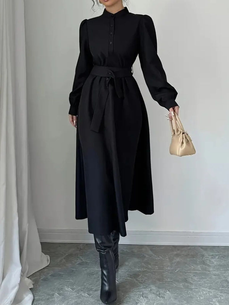 Black 1970s Solid Button Belted Dress - vintage dress, retro fashion, classic black
