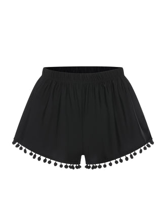 Black 1970s Solid Fur Ball Tassel Shorts, vintage fashion, retro style - perfect for women who love vintage and retro fashion