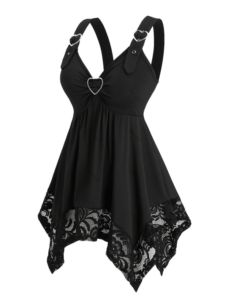 [Plus Size] Black 1970s Solid Heart Button Lace Tunic Top, vintage top, retro blouse - perfect for women who love vintage and retro fashion