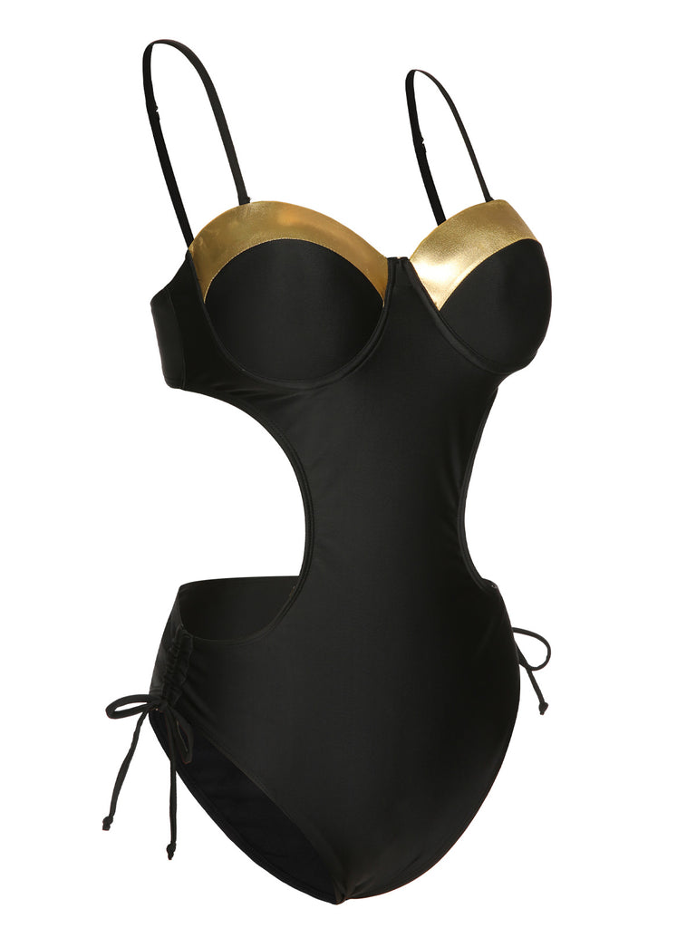 Black 1970s Spaghetti Strap Hollow One-Piece Swimsuit, vintage swimsuit, pin-up swimwear - perfect for women who love vintage and retro fashion