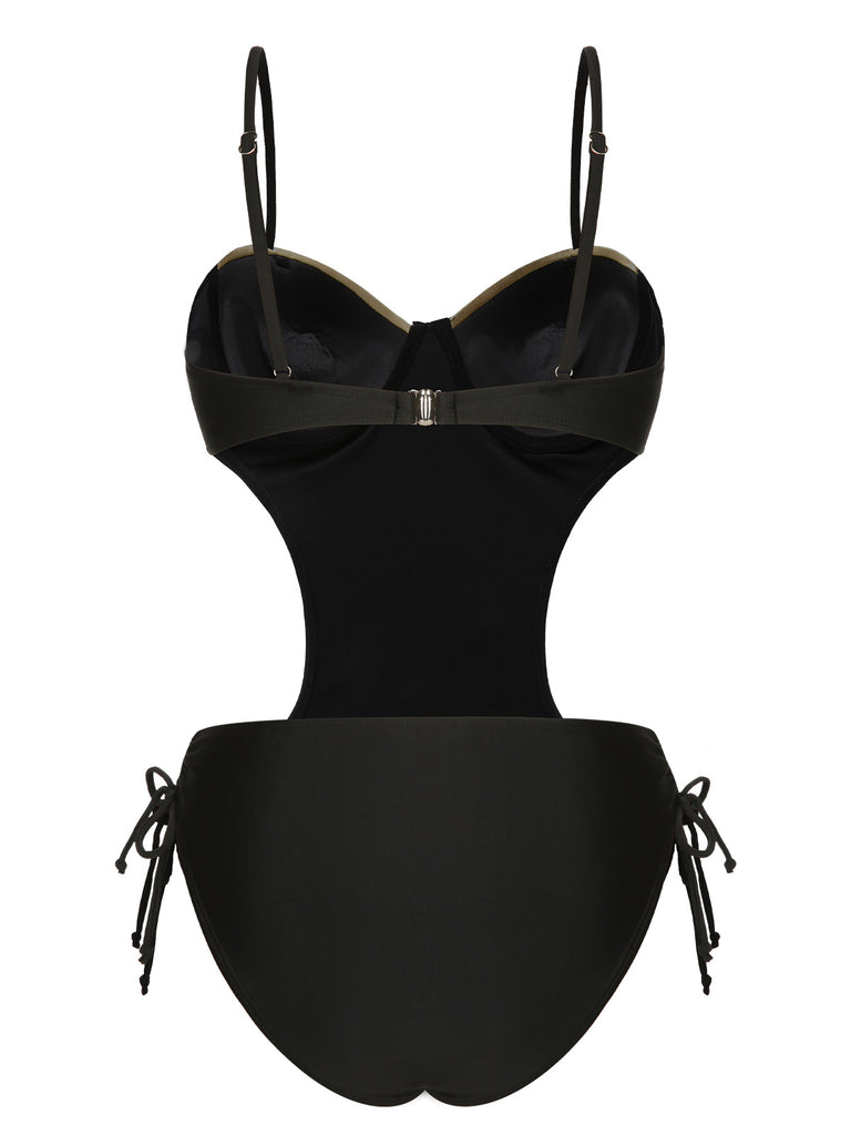 Black 1970s Spaghetti Strap Hollow One-Piece Swimsuit, vintage swimsuit, pin-up swimwear - perfect for women who love vintage and retro fashion