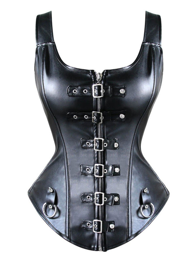 Black 1970s Square Neck Leather Steampunk Top - vintage fashion, retro style, classic black