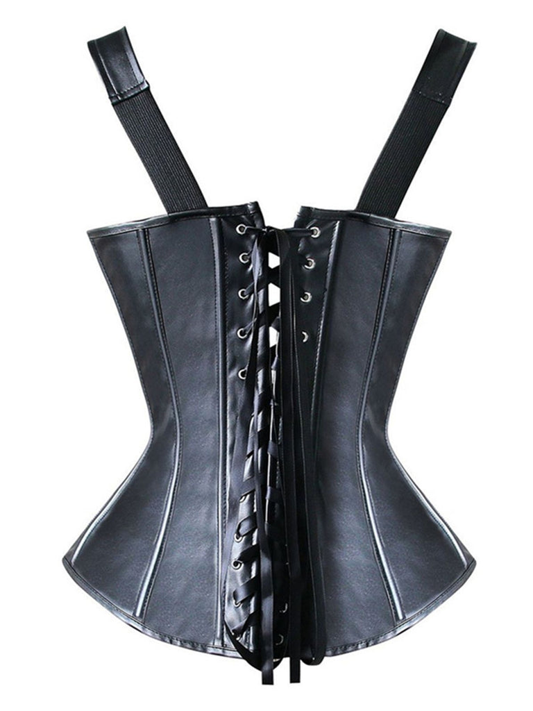 Black 1970s Square Neck Leather Steampunk Top - vintage fashion, retro style, classic black