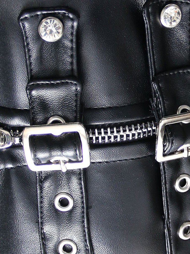 Black 1970s Square Neck Leather Steampunk Top - vintage fashion, retro style, classic black
