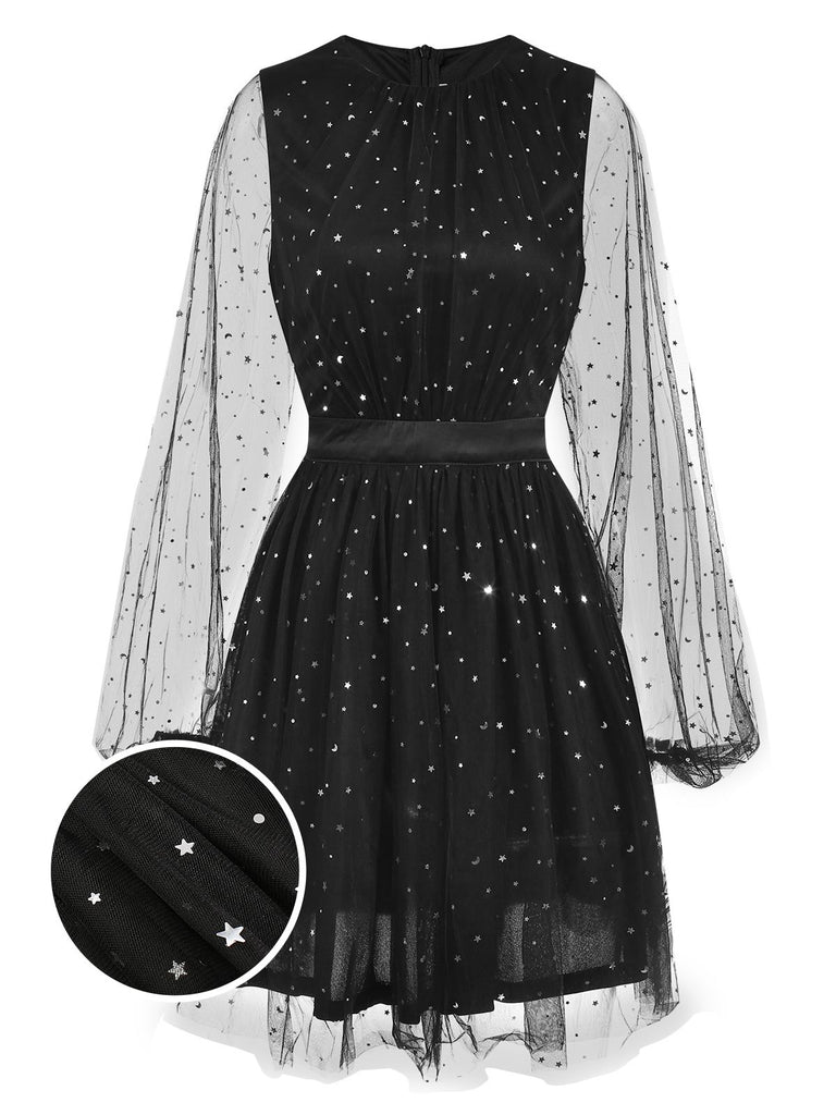 Black 1970s Star Sequins Lantern Sleeve Dress, vintage dress, retro fashion - perfect for women who love vintage and retro fashion