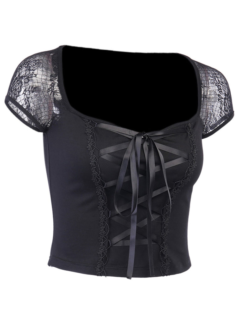 Black 1970s Steampunk Gothic Lace Tie-Front Top - vintage fashion, retro style, classic black