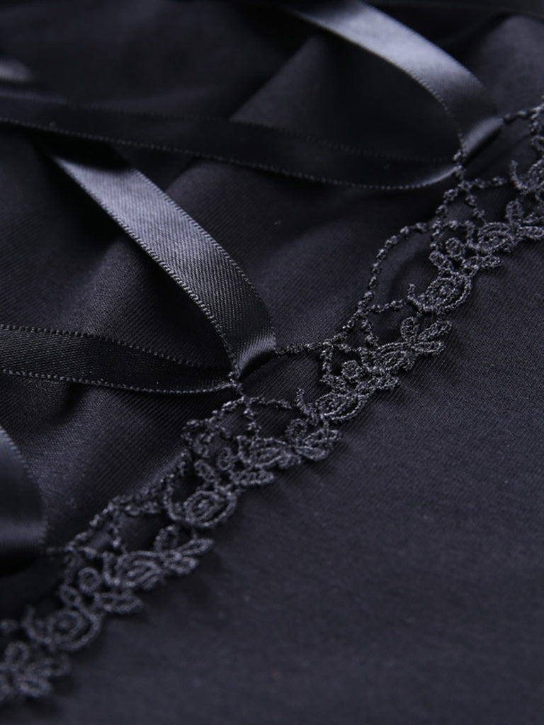 Black 1970s Steampunk Gothic Lace Tie-Front Top - vintage fashion, retro style, classic black