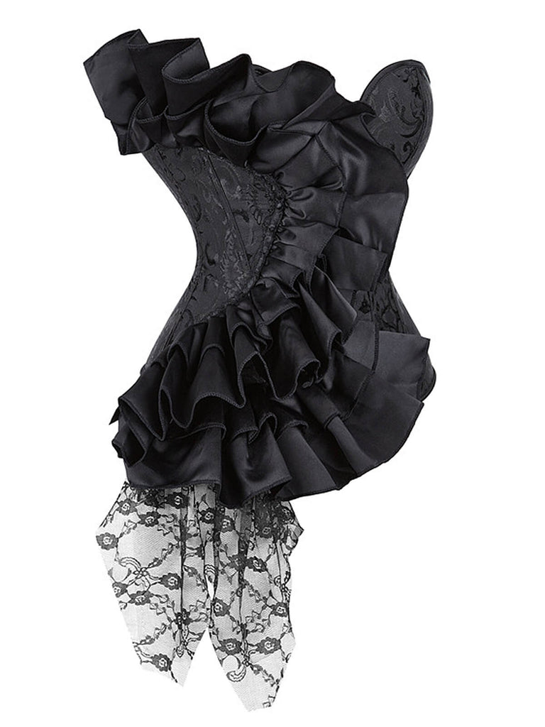 Black 1970s Stempunk Ruffled Lace Patchwork Corset: 1970s allure for the woman who knows her power