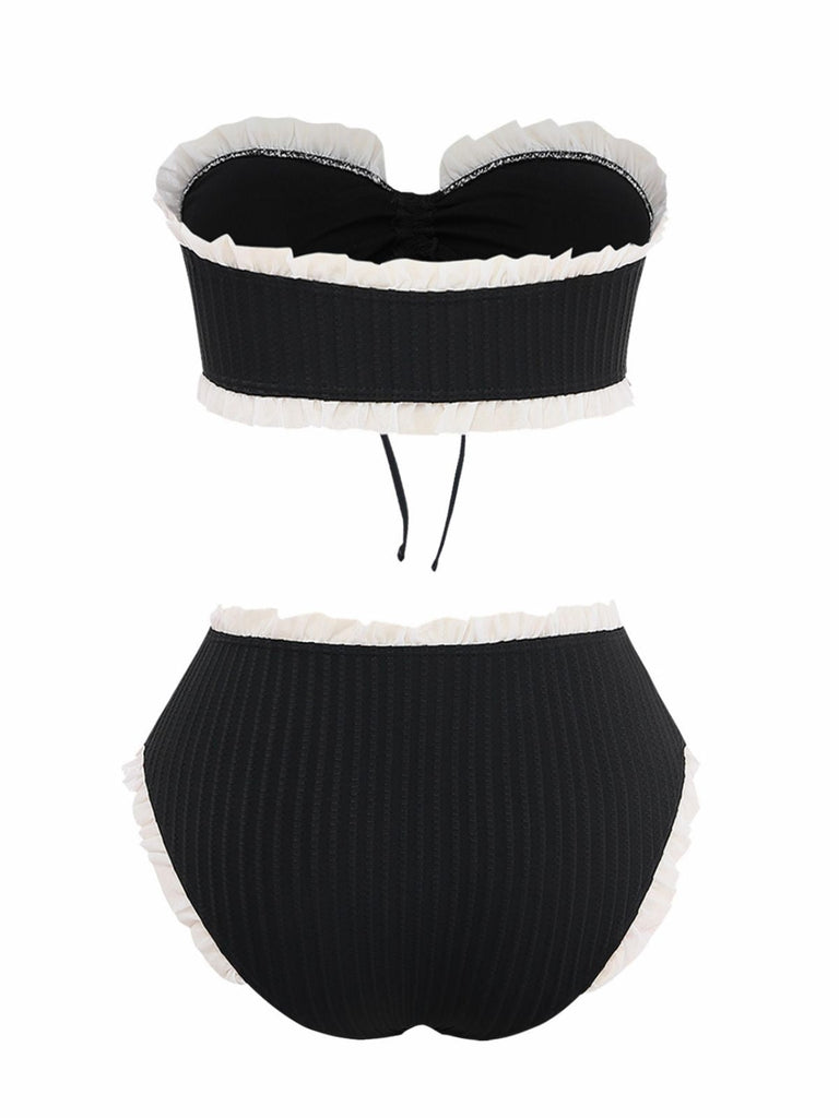 Black 1970s Strapless Lace Trim Bikini Set, vintage swimsuit, pin-up swimwear - perfect for women who love vintage and retro fashion