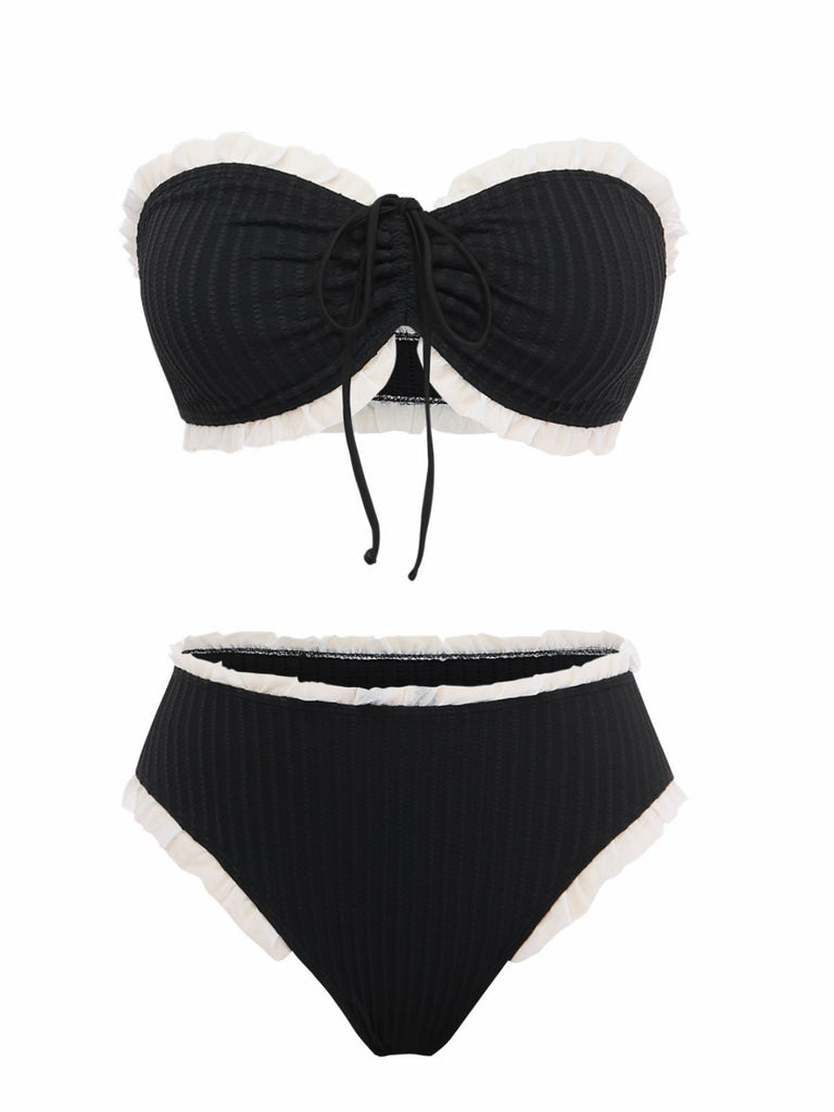 Black 1970s Strapless Lace Trim Bikini Set, vintage swimsuit, pin-up swimwear - perfect for women who love vintage and retro fashion