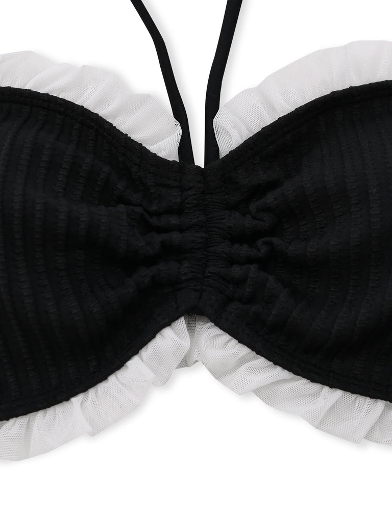 Black 1970s Strapless Lace Trim Bikini Set, vintage swimsuit, pin-up swimwear - perfect for women who love vintage and retro fashion