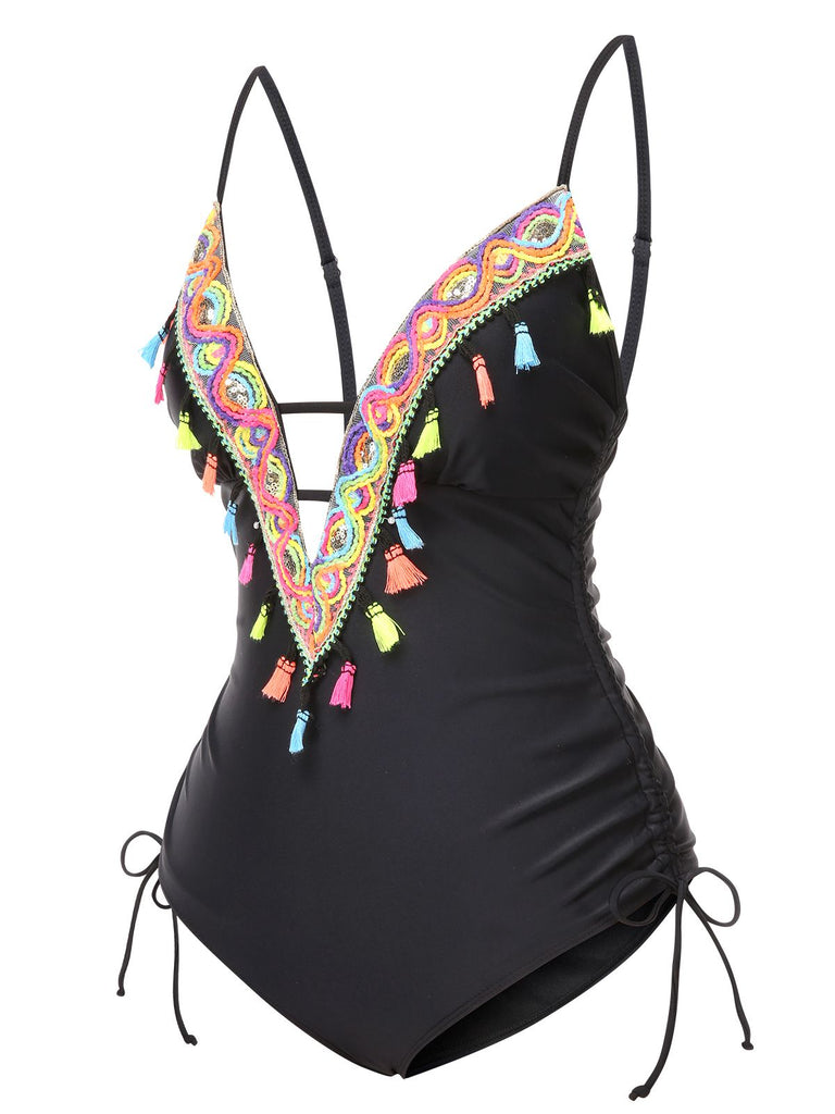 1970s Tassel Embroide Strappy Swimsuit | 1970s | vintage swimsuit, retro beachwear