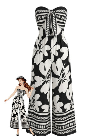Black 1970s Tie-Front Big Floral Strapless Jumpsuit, vintage romper, retro jumpsuit - perfect for women who love vintage and retro fashion