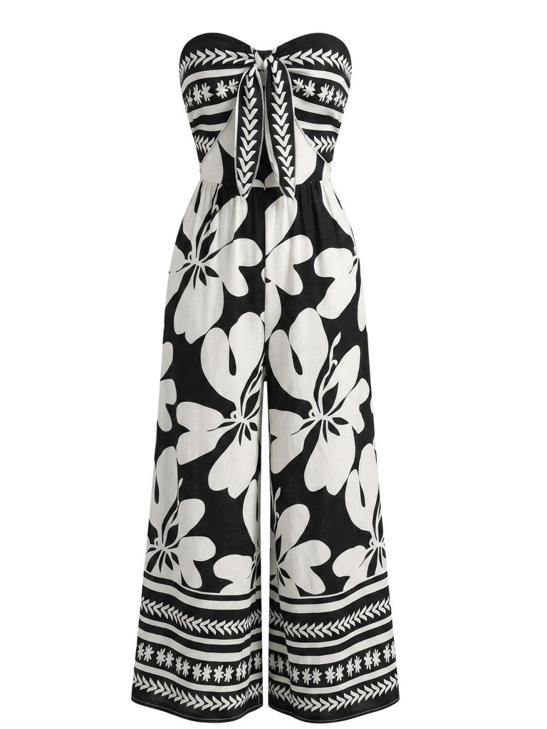 Black 1970s Tie-Front Big Floral Strapless Jumpsuit, vintage romper, retro jumpsuit - perfect for women who love vintage and retro fashion