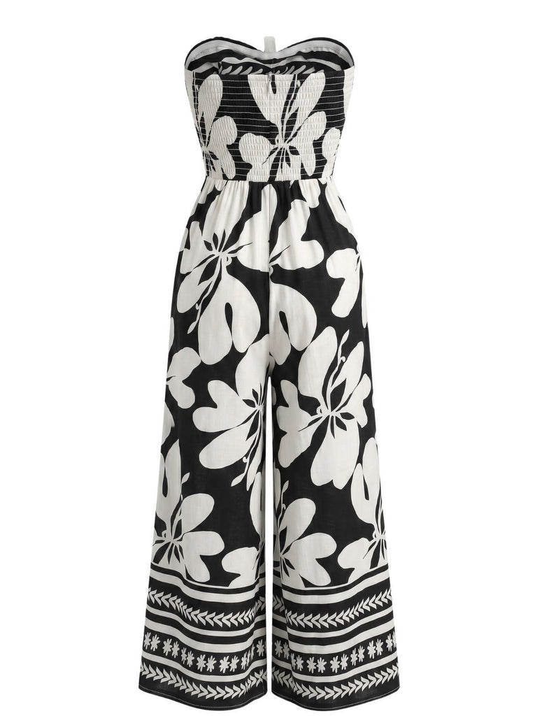 Black 1970s Tie-Front Big Floral Strapless Jumpsuit, vintage romper, retro jumpsuit - perfect for women who love vintage and retro fashion