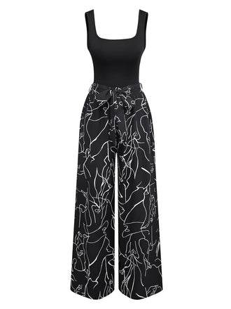 Black 1970s U-Neck Tank Top & Abstract Prints Pants - vintage fashion, retro style, classic black