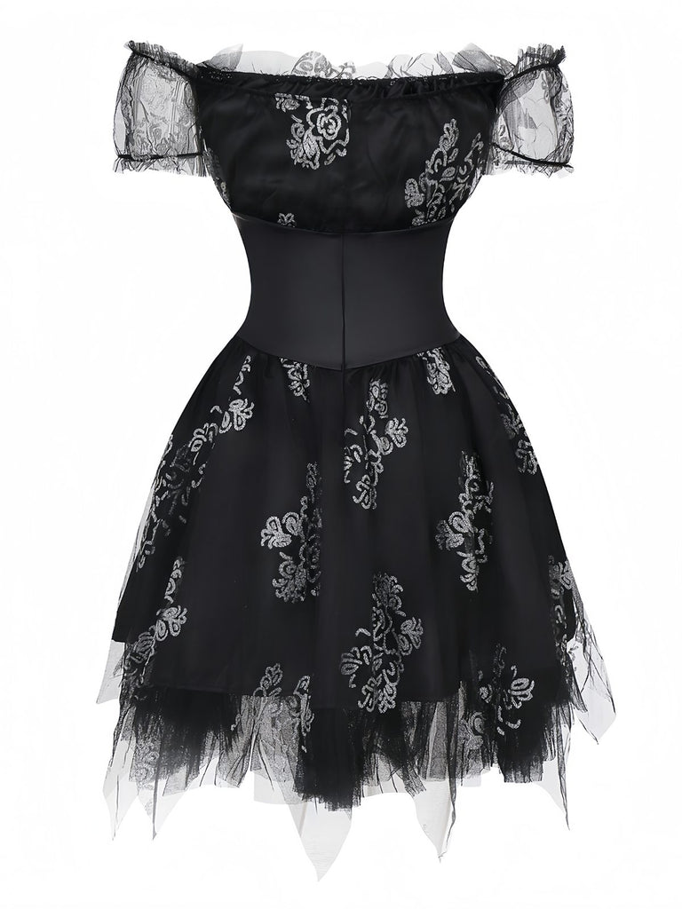 Black 1970s Vampire Bride Off-Shoulder Mesh Dress, vintage dress, retro fashion - perfect for women who love vintage and retro fashion