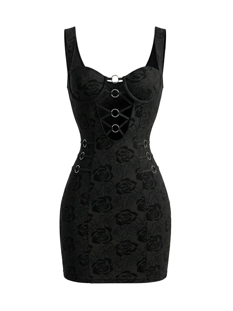 Black 1980s Cut-Out Metal Ring Bodycon Dress: beautiful vintage dress, retro fashion, elegant style with timeless appeal