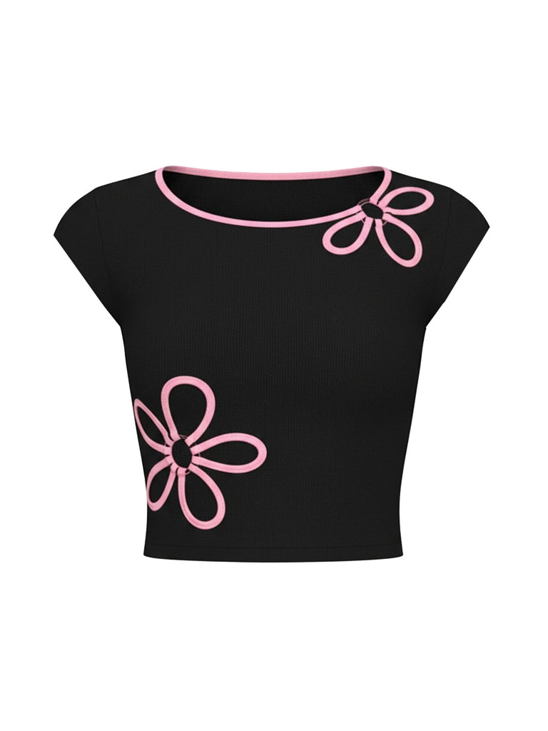 Black 1980s Cutout Flower Crop Top - vintage fashion, retro style, classic black