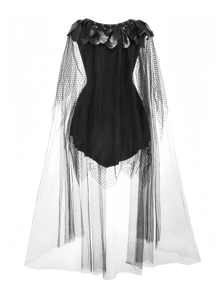 Black 1980s Devil Bat Punk Style Mesh Dress - vintage dress, retro fashion, classic black