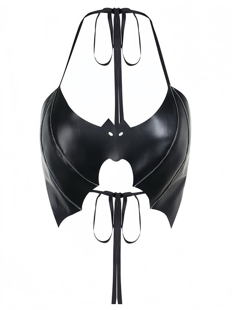 Black 1980s Gothic Bat Lace-Up Halter Top - vintage fashion, retro style, classic black