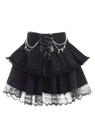 Black 1980s Gothic Chain Cross Lace Layered Skirt - vintage skirt, retro style, classic black