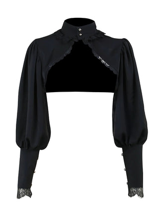 Black 1980s Gothic Lace Stand Collar Top - vintage fashion, retro style, classic black