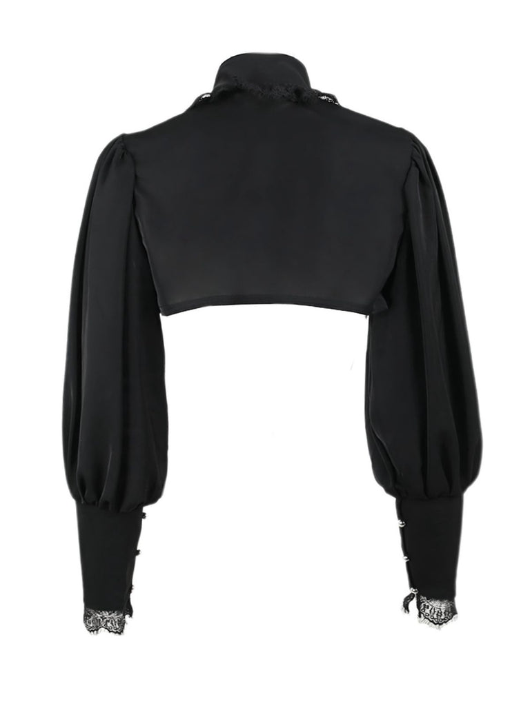 Black 1980s Gothic Lace Stand Collar Top - vintage fashion, retro style, classic black