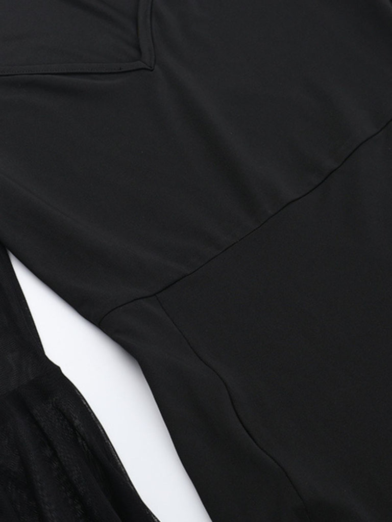 Black 1980s Gothic Sheer Sleeve Corset Slit Dress - vintage dress, retro fashion, classic black