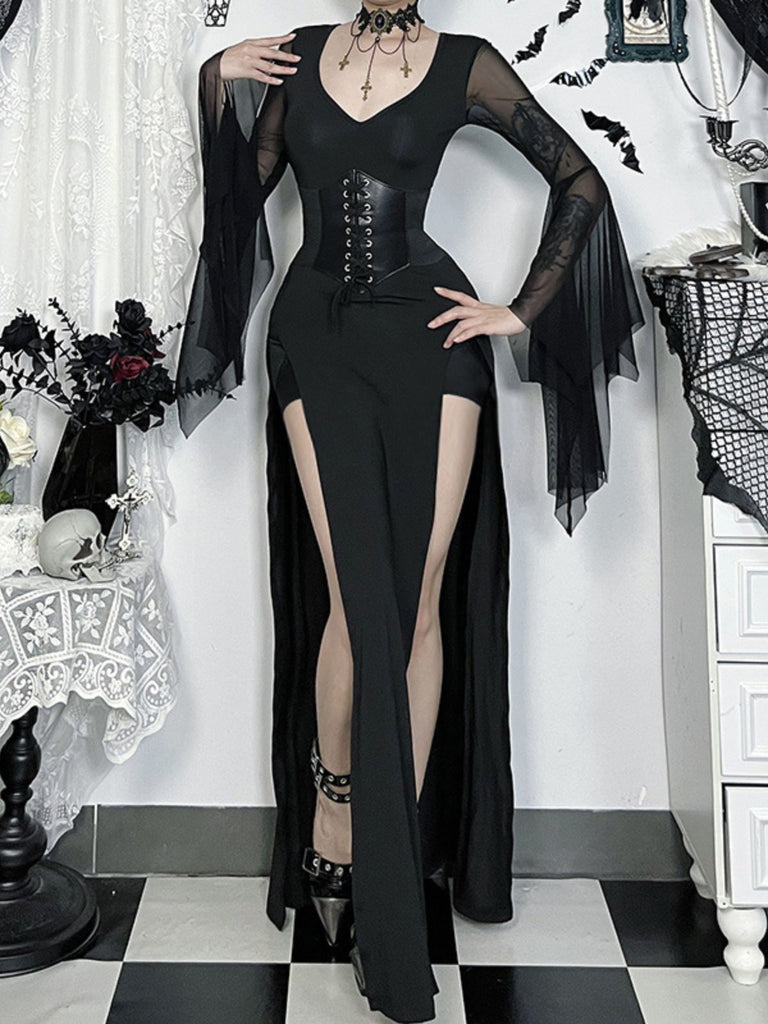 Black 1980s Gothic Sheer Sleeve Corset Slit Dress - vintage dress, retro fashion, classic black