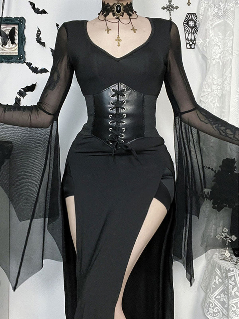 Black 1980s Gothic Sheer Sleeve Corset Slit Dress - vintage dress, retro fashion, classic black