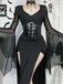 Black 1980s Gothic Sheer Sleeve Corset Slit Dress - vintage dress, retro fashion, classic black