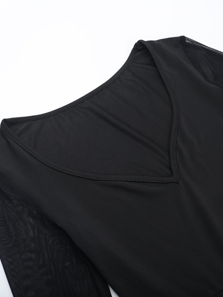 Black 1980s Gothic Sheer Sleeve Corset Slit Dress - vintage dress, retro fashion, classic black