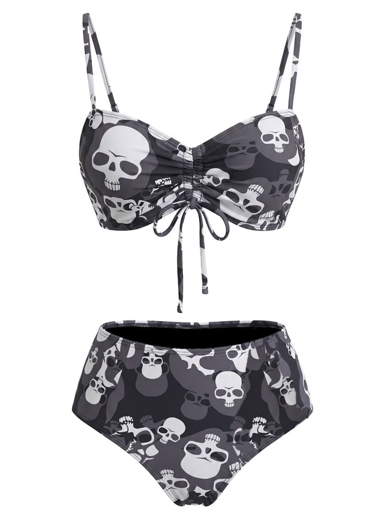Black 1980s Gothic Skull Printed Drawstring Bikini Set, vintage swimsuit, pin-up swimwear - perfect for women who love vintage and retro fashion