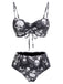 Black 1980s Gothic Skull Printed Drawstring Bikini Set, vintage swimsuit, pin-up swimwear - perfect for women who love vintage and retro fashion