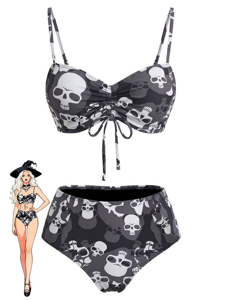 Black 1980s Gothic Skull Printed Drawstring Bikini Set, vintage swimsuit, pin-up swimwear - perfect for women who love vintage and retro fashion