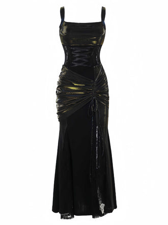 Black 1980s Gothic Slip Lace Maxi Dress - vintage dress, retro fashion, classic black