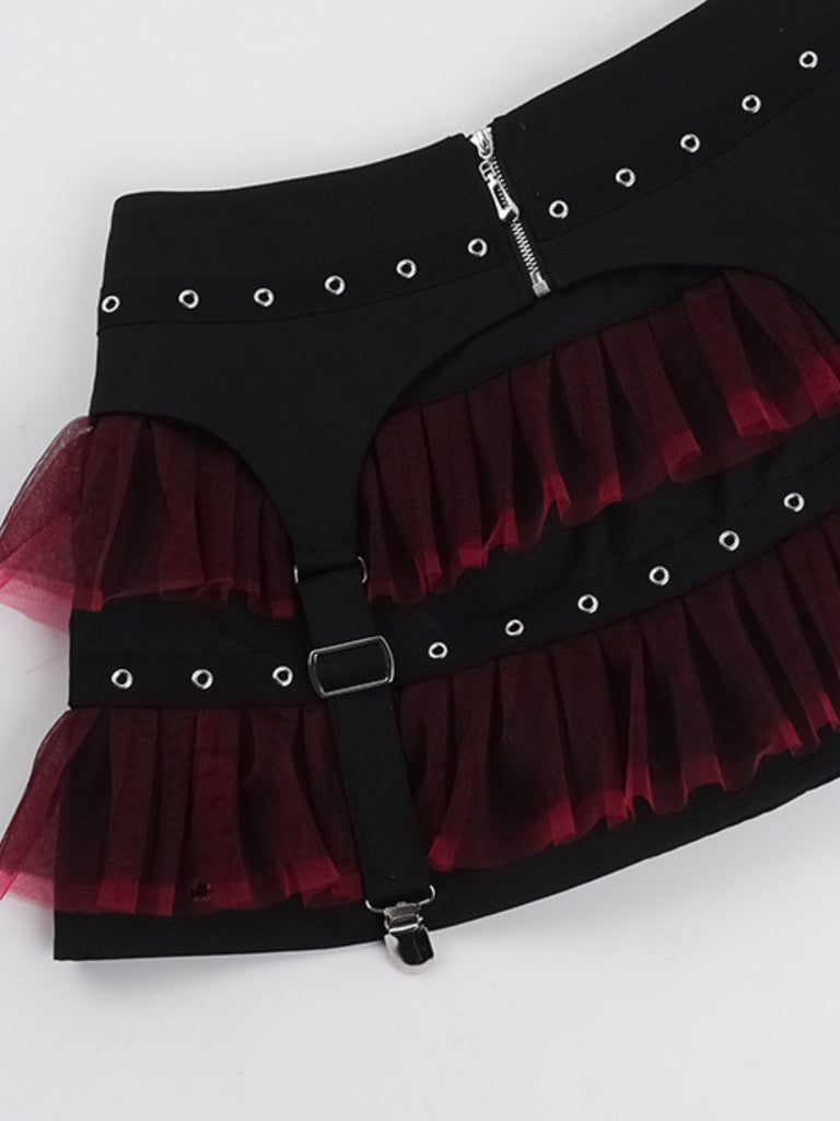 This Black 1980s Gothic Steampunk Mesh Ruffles Mini Skirt spins 1980s stories with every step