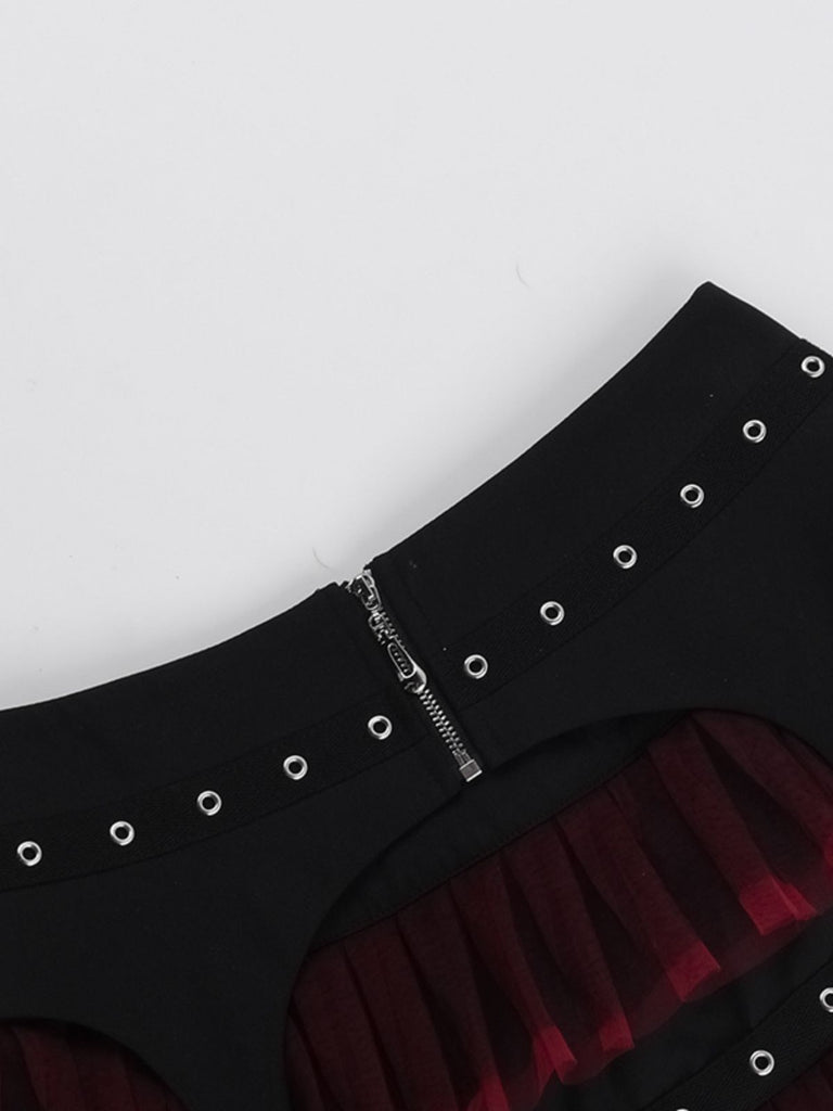 Black 1980s Gothic Steampunk Mesh Ruffles Mini Skirt — 1980s femininity that moves with her mood