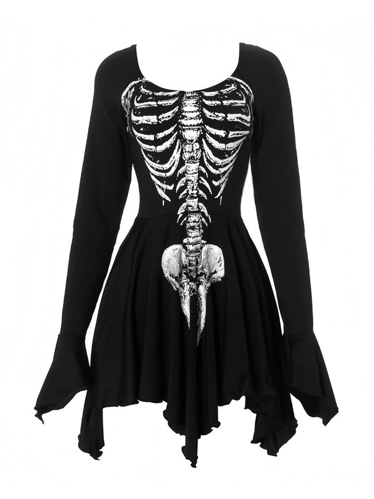 Black 1980s Halloween Skull Print Mini Dress - vintage dress, retro fashion, classic black