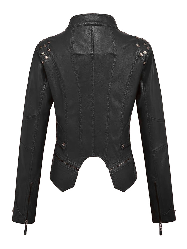 Black 1980s Irregualr Hem Rivet Motocycle Jacket - vintage fashion, retro style, classic black