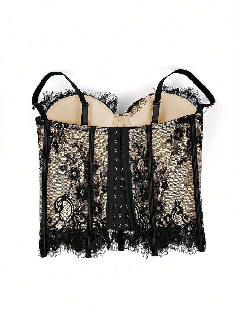Black 1980s Lace Steampunk Herringbone Corset - vintage fashion, retro style, classic black