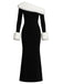 Black 1980s Off-Shoulder Fur Trim Dress - vintage dress, retro fashion, classic black