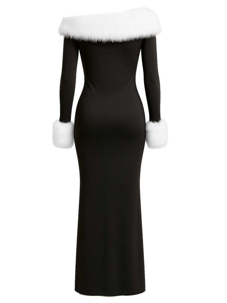 Black 1980s Off-Shoulder Fur Trim Dress - vintage dress, retro fashion, classic black