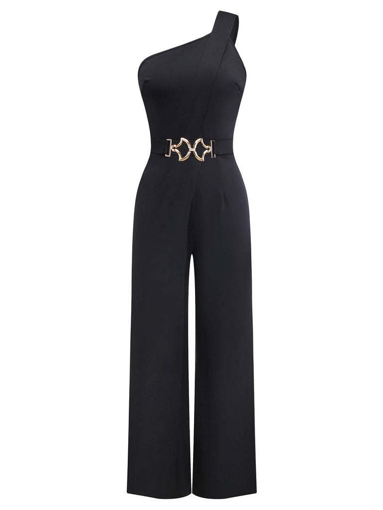 Black 1980s One Shoulder Wide Leg Belt Jumpsuit - vintage jumpsuit, retro fashion, classic black